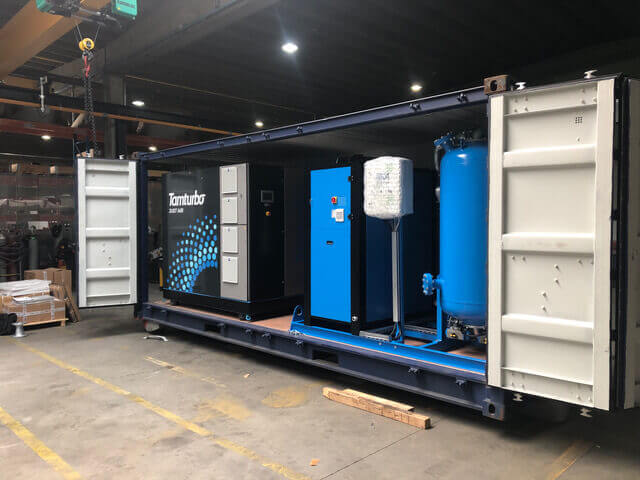 Mobiele olievrije compressorcontainer van JustAir – persluchtstation inclusief droging, buffervat en remote monitoring