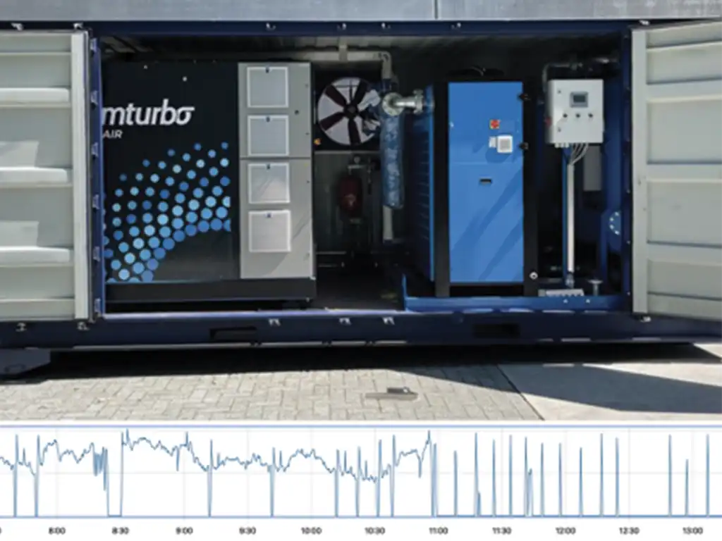 Mobiele containerunit met Tamturbo olievrije turbocompressor, droger en monitoring voor industriële persluchtvoorziening.